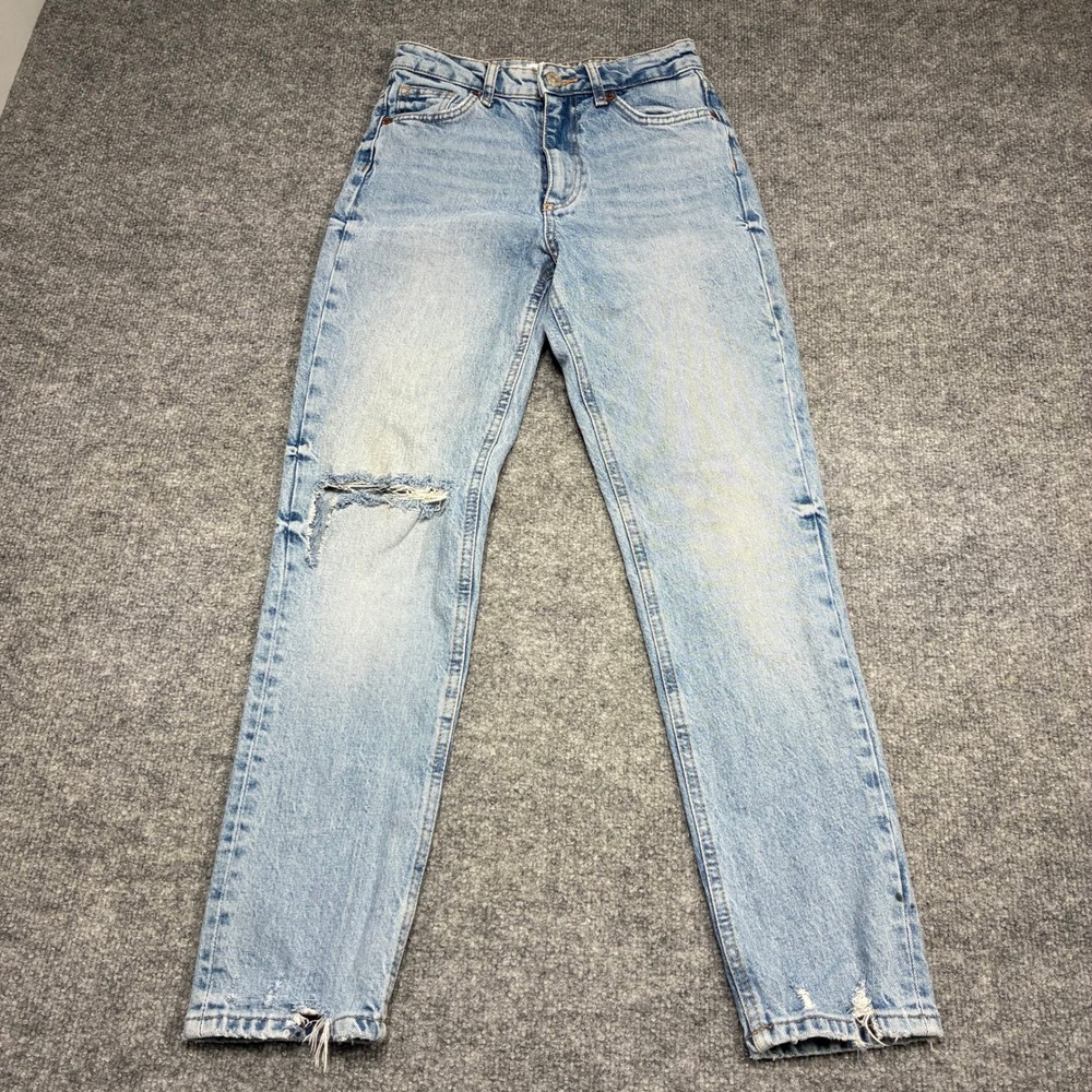 ZARA Women's Straight Leg Jeans Size 2 Light Wash Distressed High Rise Denim